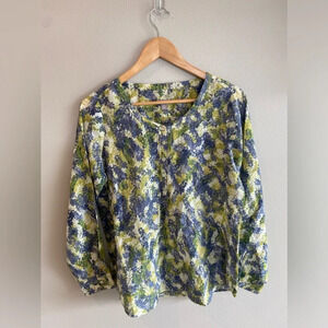 J. JILL‎ Floral Print Cotton and Silk Blouse Size Small Petite Green/Blue